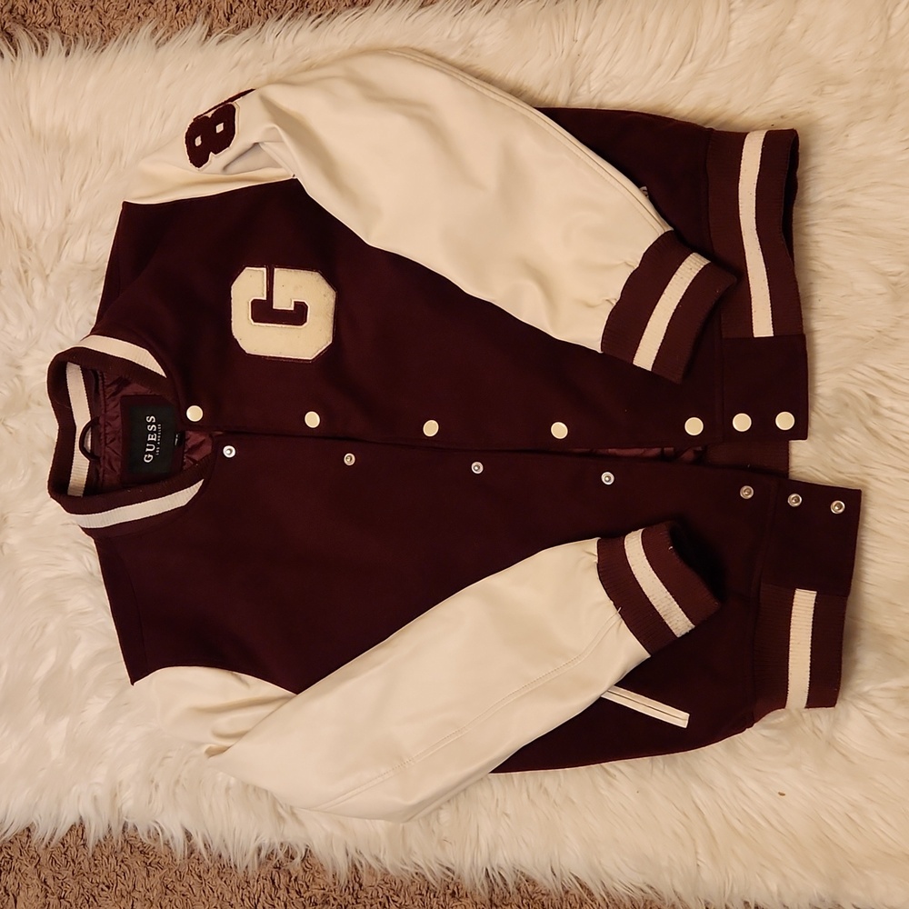 GUESS LEATHER MAROON WHITE VARSITY JACKET SIZE LARGE